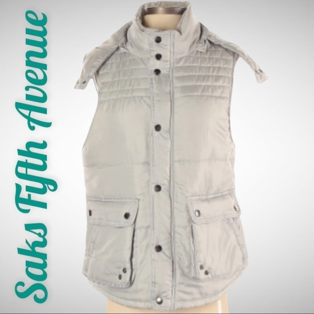 NWT SAKS FIFTH AVENUE Silvery Gray Puffer Vest With‎ Removable Hood, Size Small